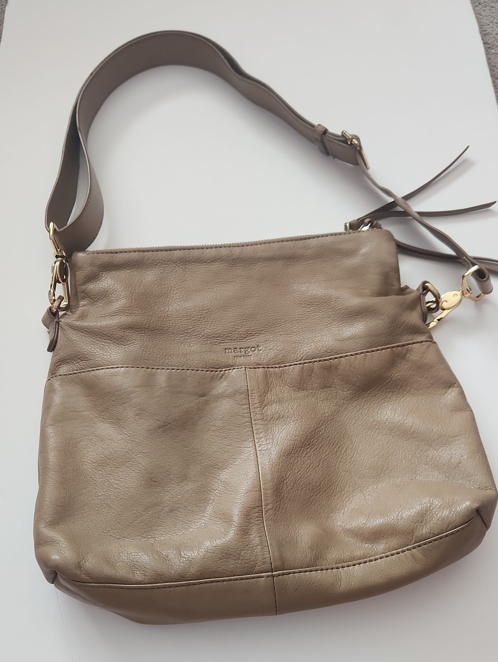 Margot NY Mickey Double ZipTaupe Leather Crossbody Bag, Excellent Condition